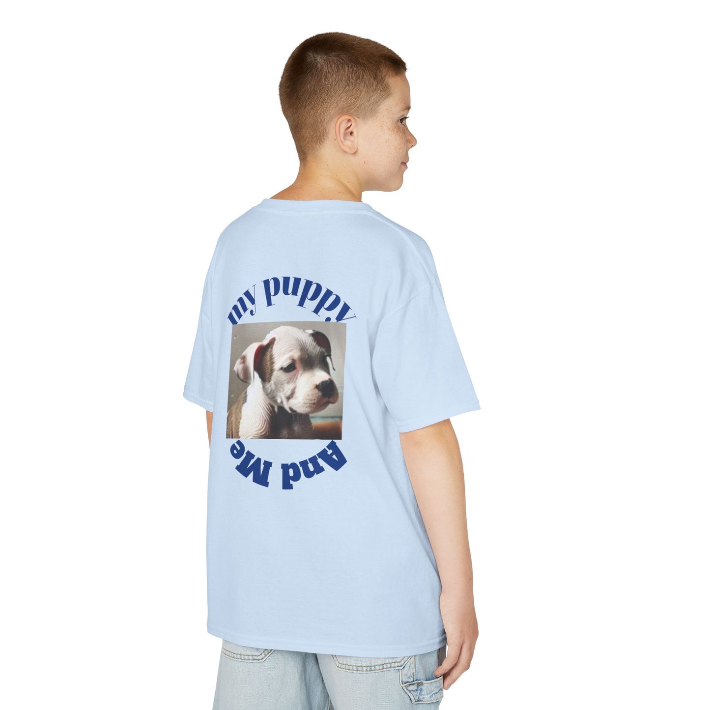 Kids T-Shirt with Cute Pit Bull Puppy and Boy Playing Design