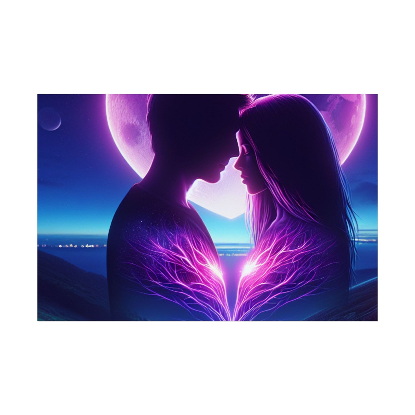 Poster Print, Couple Love Foreheads Touch Purple Background Eye Catching Beautiful Art Print, Wall Art Decor, Home Decor, Gift for Couples,