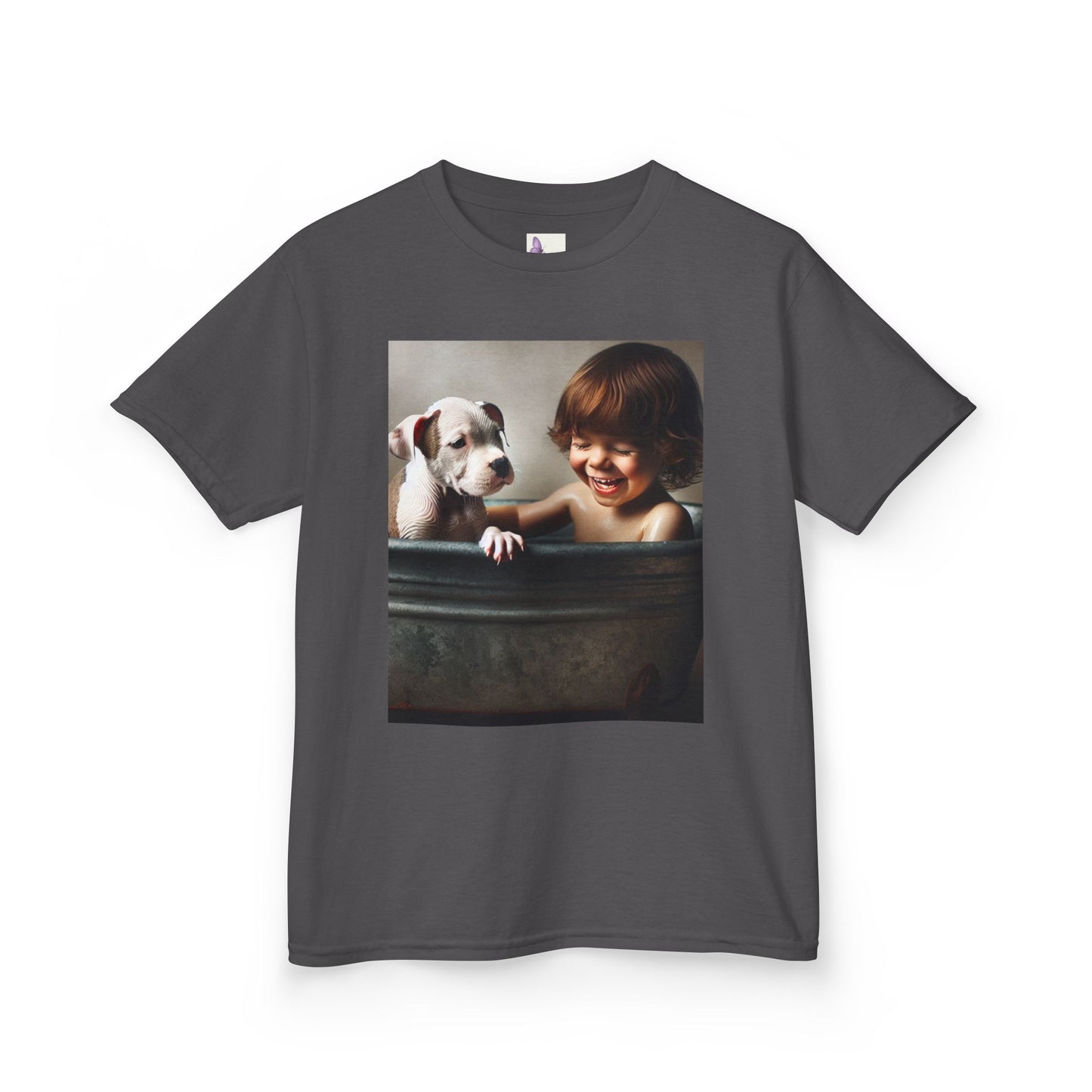 Kids T-Shirt with Cute Pit Bull Puppy and Boy Playing Design