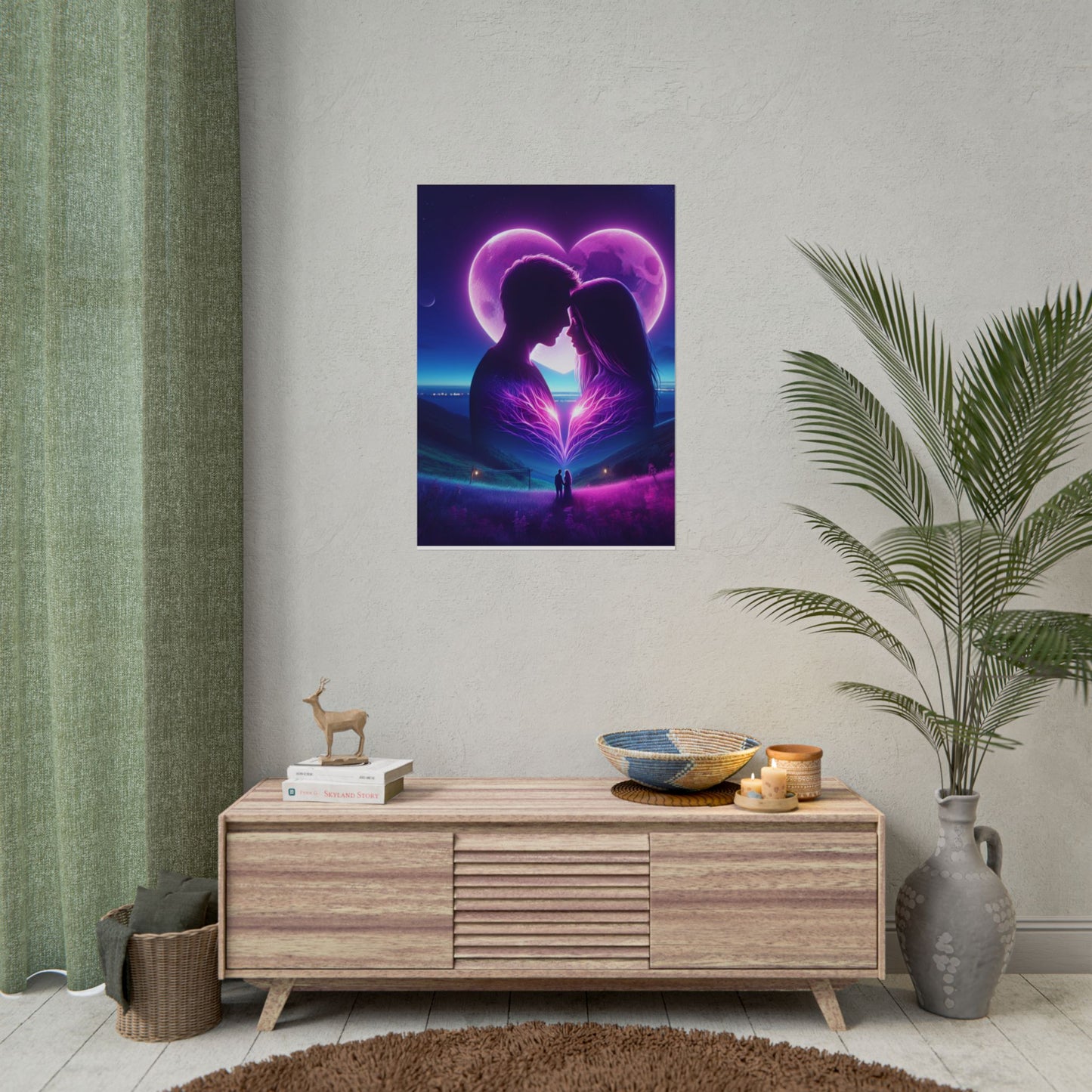 Poster Print, Couple Love Foreheads Touch Purple Background Eye Catching Beautiful Art Print, Wall Art Decor, Home Decor, Gift for Couples,