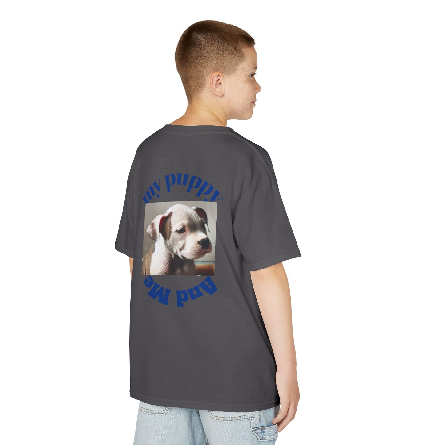 Kids T-Shirt with Cute Pit Bull Puppy and Boy Playing Design
