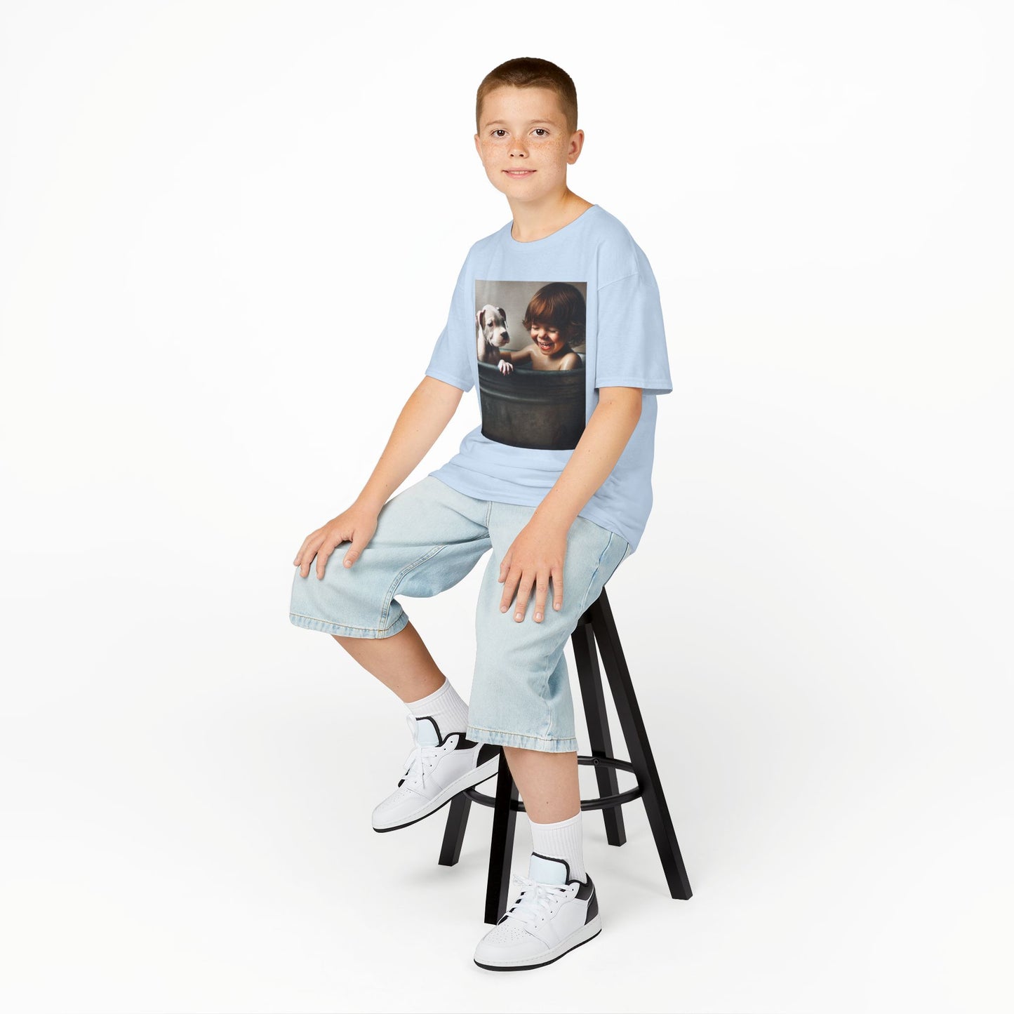 Kids T-Shirt with Cute Pit Bull Puppy and Boy Playing Design