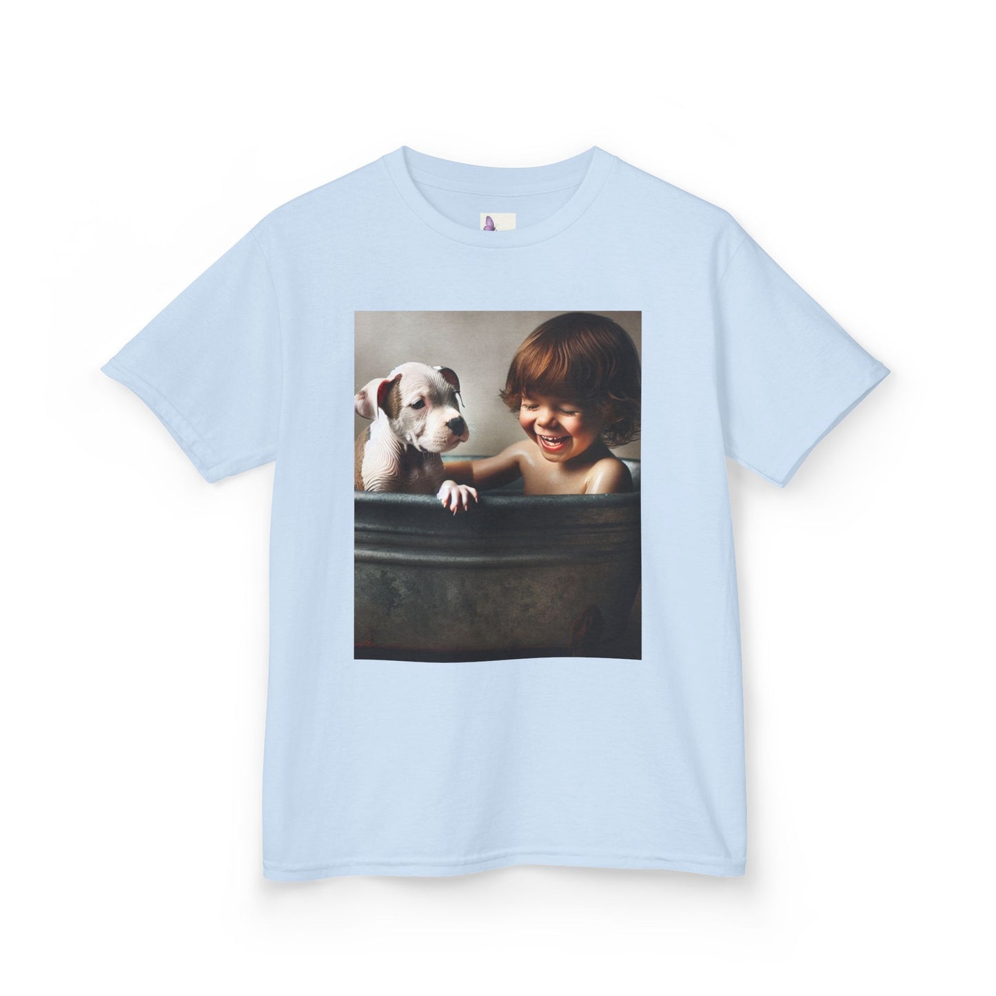 Kids T-Shirt with Cute Pit Bull Puppy and Boy Playing Design