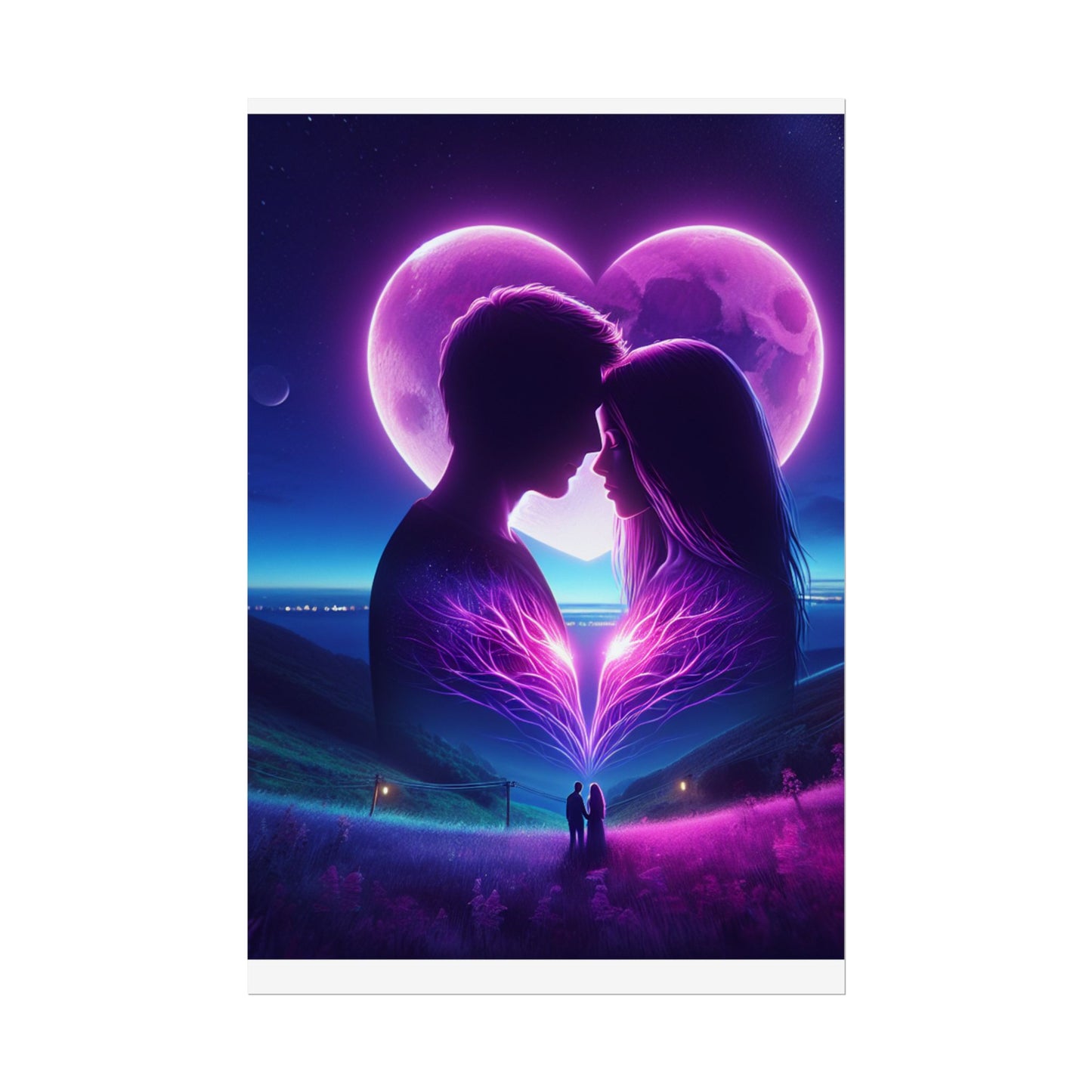 Poster Print, Couple Love Foreheads Touch Purple Background Eye Catching Beautiful Art Print, Wall Art Decor, Home Decor, Gift for Couples,