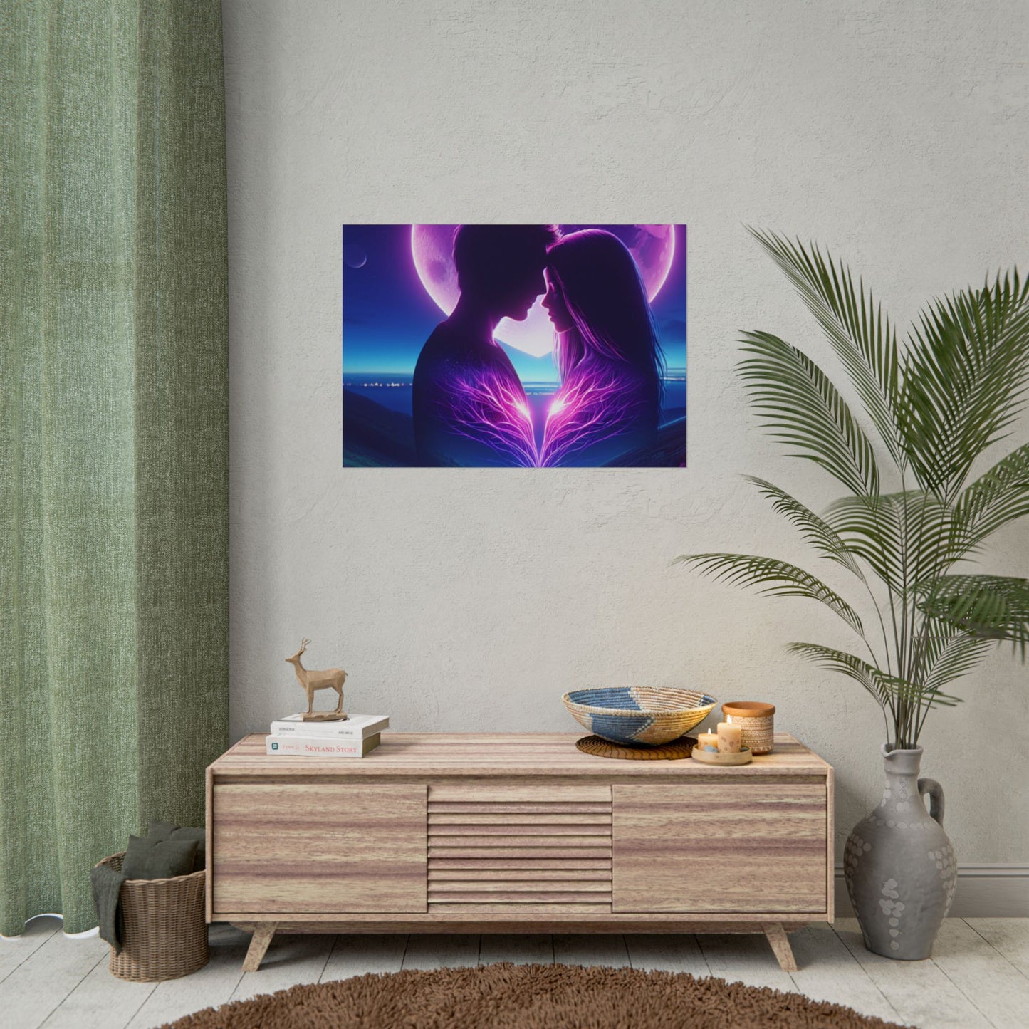 Poster Print, Couple Love Foreheads Touch Purple Background Eye Catching Beautiful Art Print, Wall Art Decor, Home Decor, Gift for Couples,