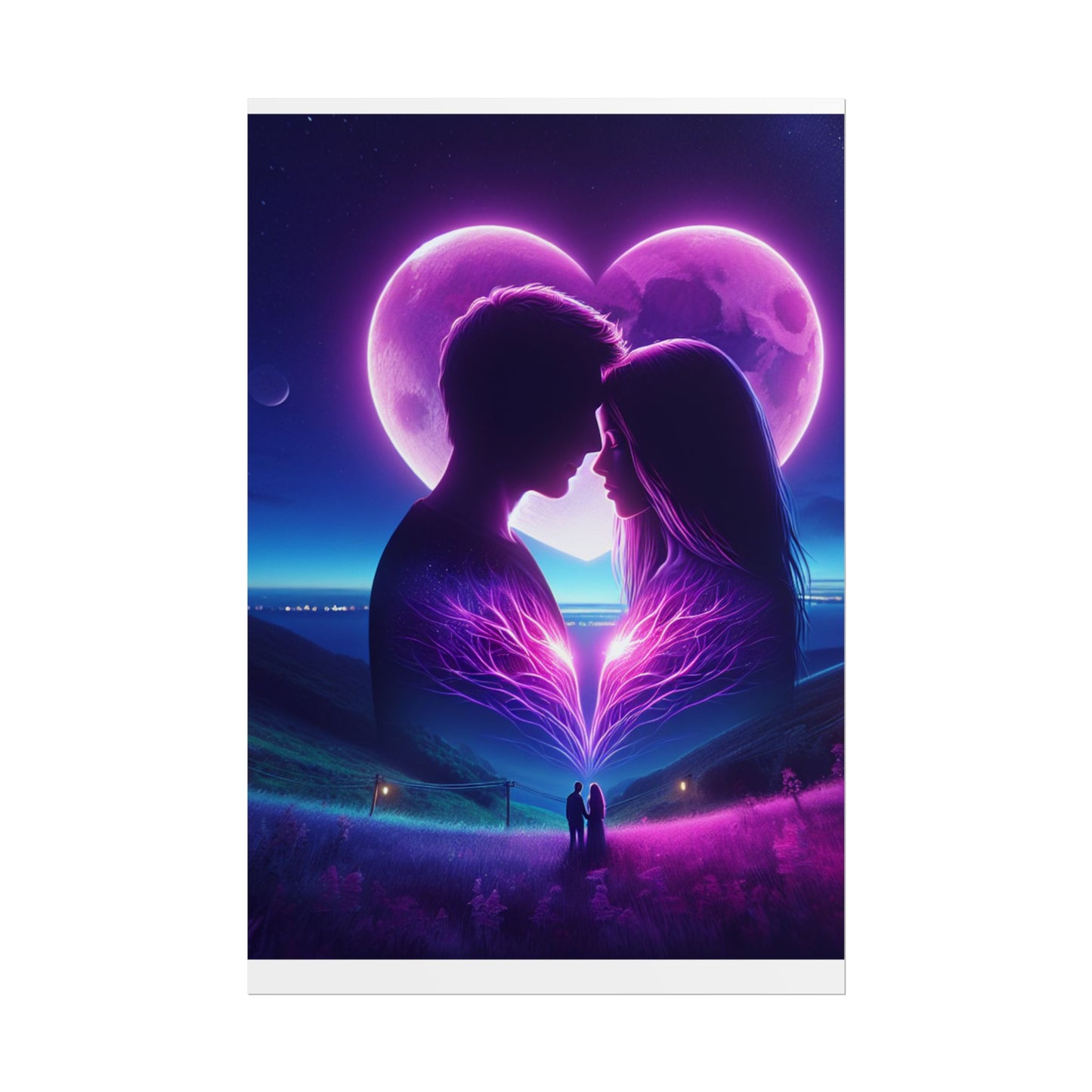 Poster Print, Couple Love Foreheads Touch Purple Background Eye Catching Beautiful Art Print, Wall Art Decor, Home Decor, Gift for Couples,