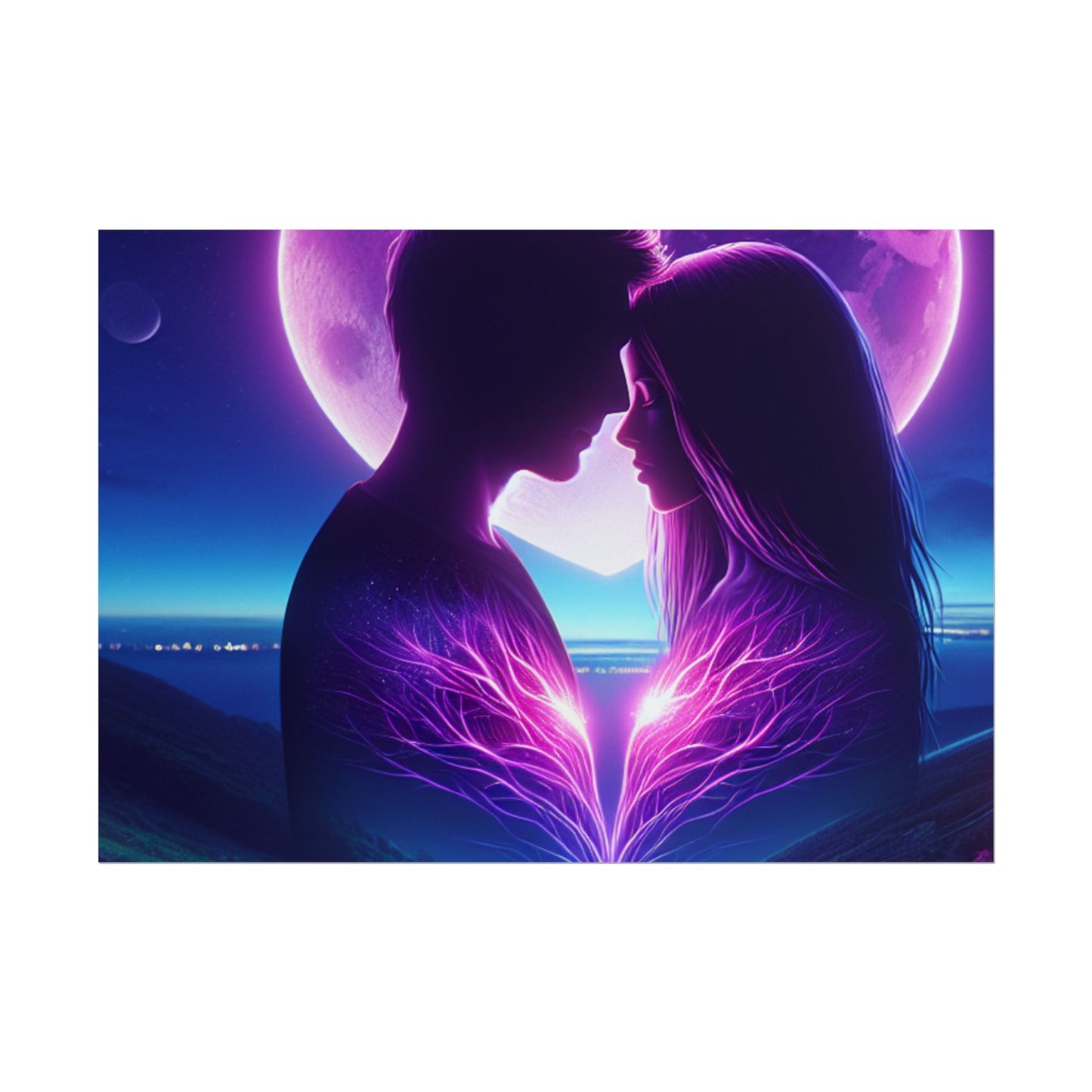 Poster Print, Couple Love Foreheads Touch Purple Background Eye Catching Beautiful Art Print, Wall Art Decor, Home Decor, Gift for Couples,