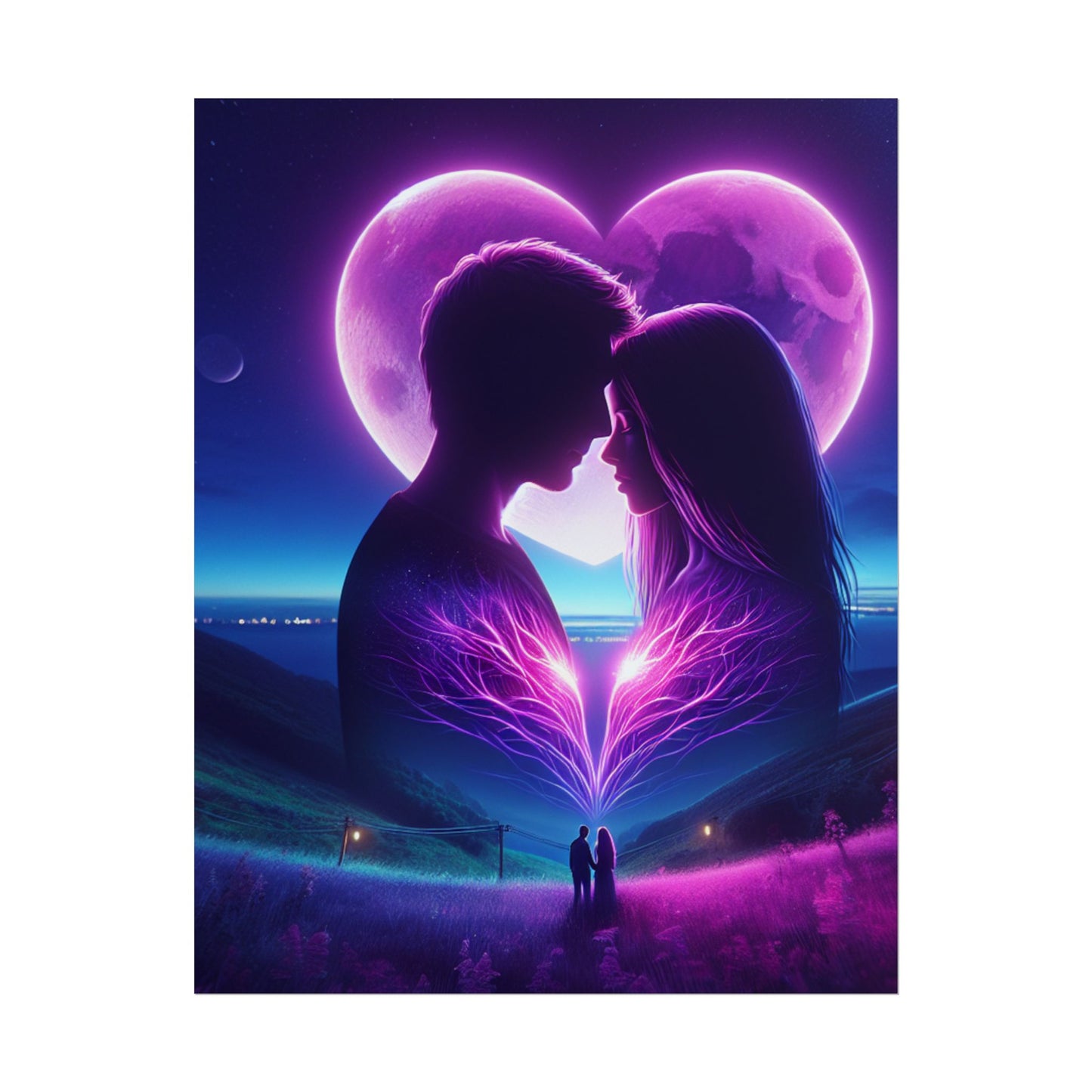 Poster Print, Couple Love Foreheads Touch Purple Background Eye Catching Beautiful Art Print, Wall Art Decor, Home Decor, Gift for Couples,