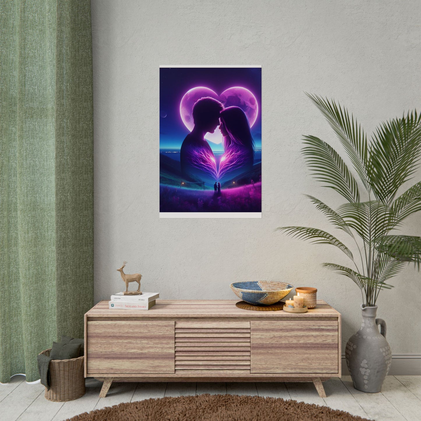 Poster Print, Couple Love Foreheads Touch Purple Background Eye Catching Beautiful Art Print, Wall Art Decor, Home Decor, Gift for Couples,