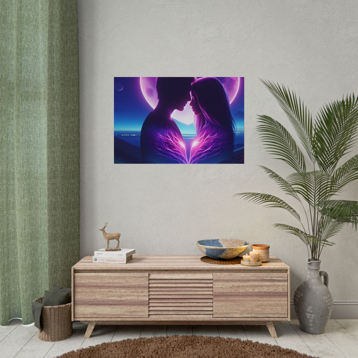 Poster Print, Couple Love Foreheads Touch Purple Background Eye Catching Beautiful Art Print, Wall Art Decor, Home Decor, Gift for Couples,
