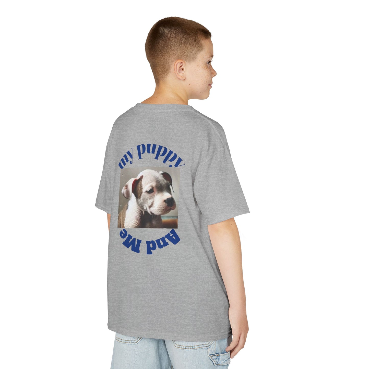 Kids T-Shirt with Cute Pit Bull Puppy and Boy Playing Design