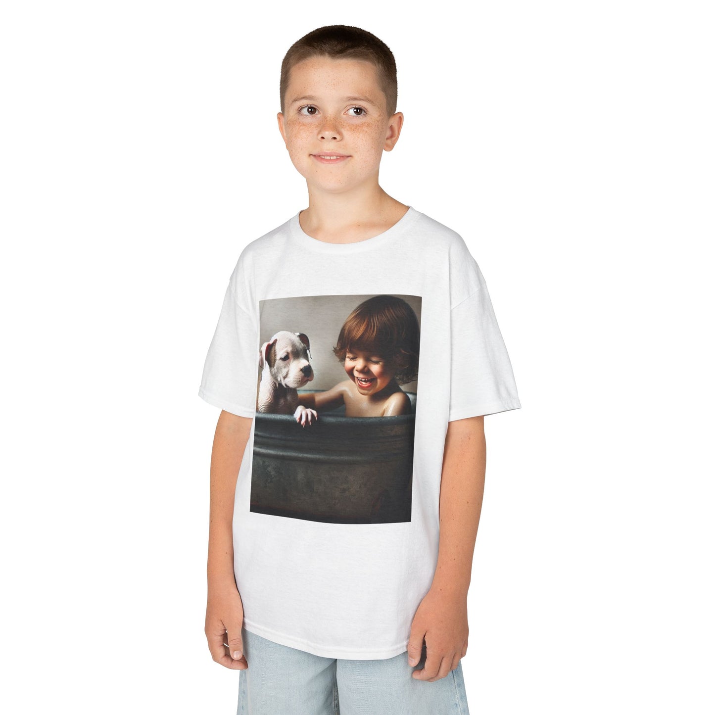 Kids T-Shirt with Cute Pit Bull Puppy and Boy Playing Design