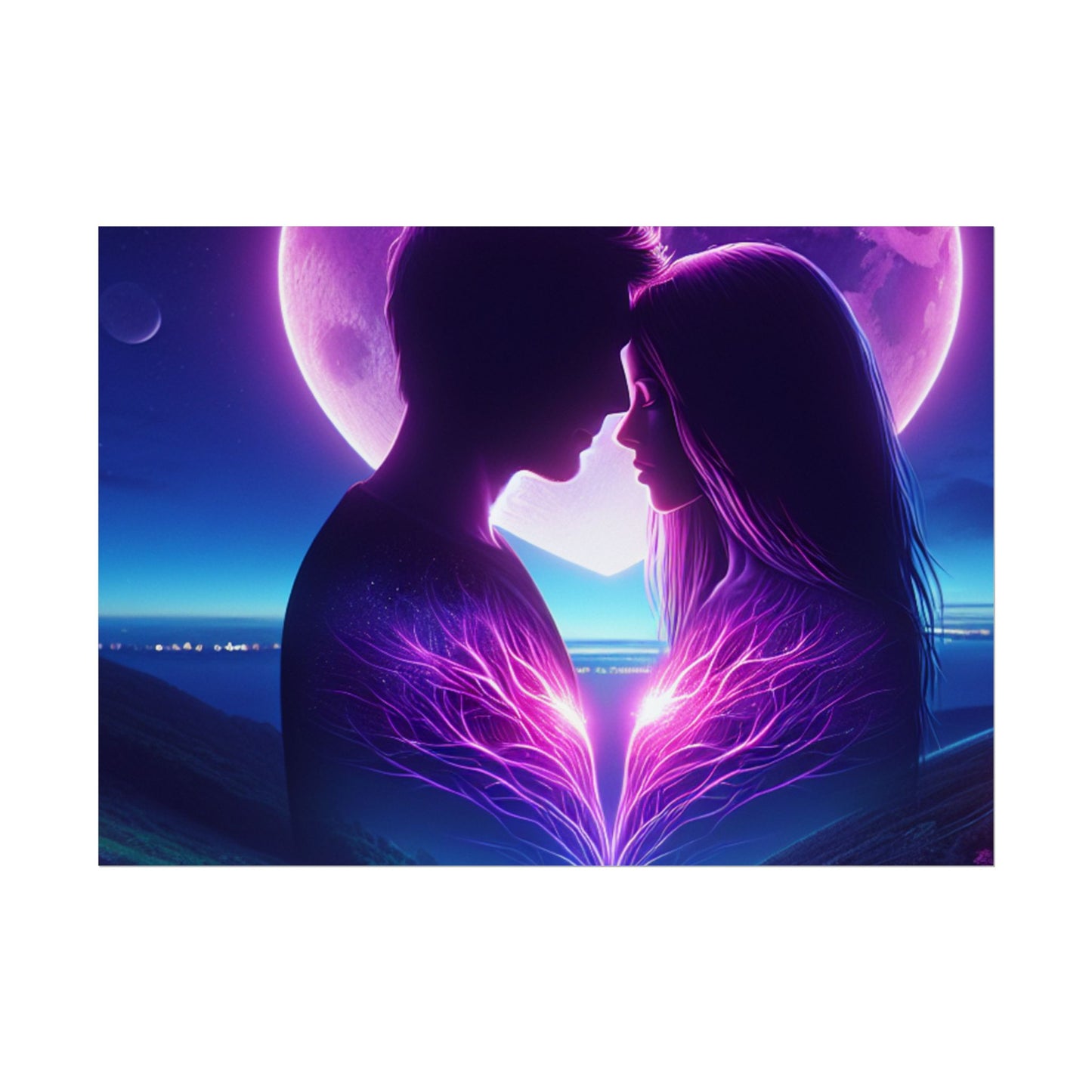 Poster Print, Couple Love Foreheads Touch Purple Background Eye Catching Beautiful Art Print, Wall Art Decor, Home Decor, Gift for Couples,