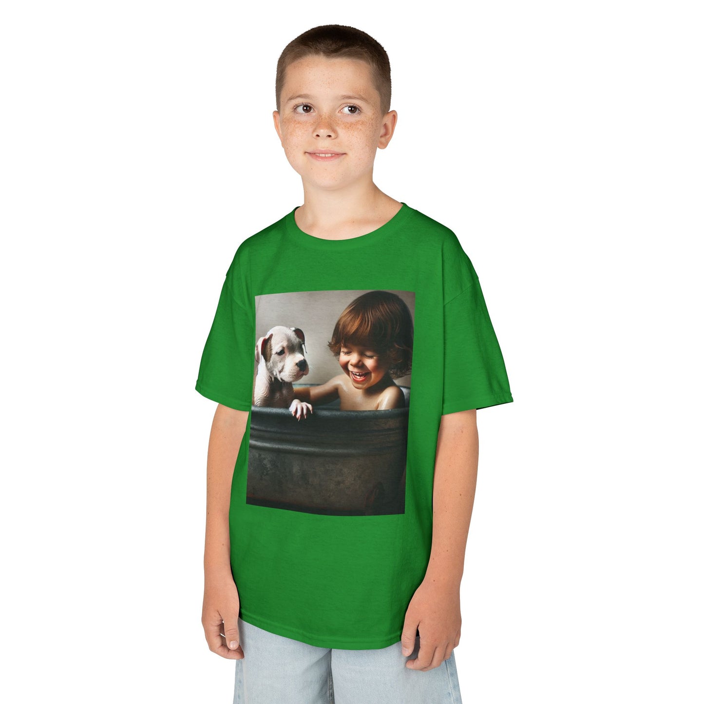 Kids T-Shirt with Cute Pit Bull Puppy and Boy Playing Design