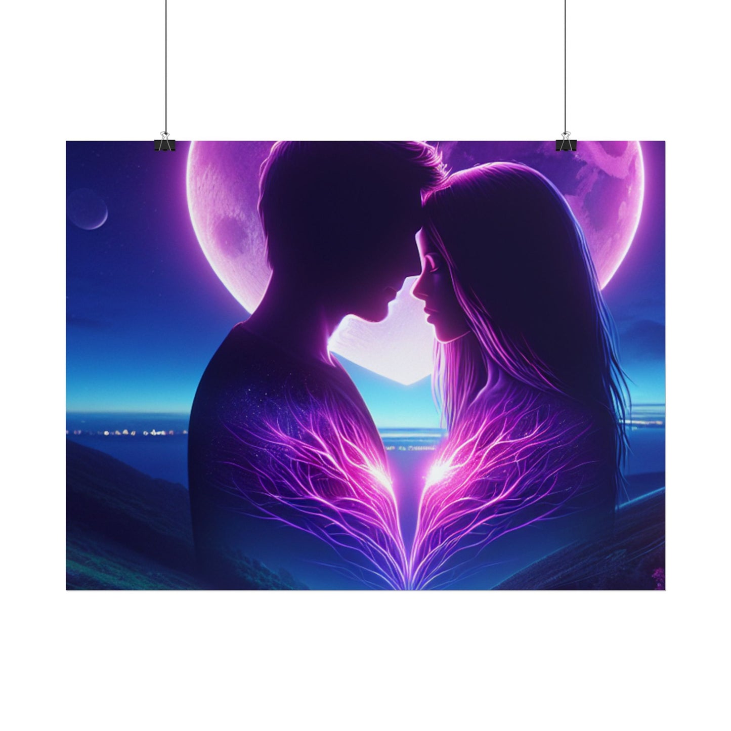 Poster Print, Couple Love Foreheads Touch Purple Background Eye Catching Beautiful Art Print, Wall Art Decor, Home Decor, Gift for Couples,