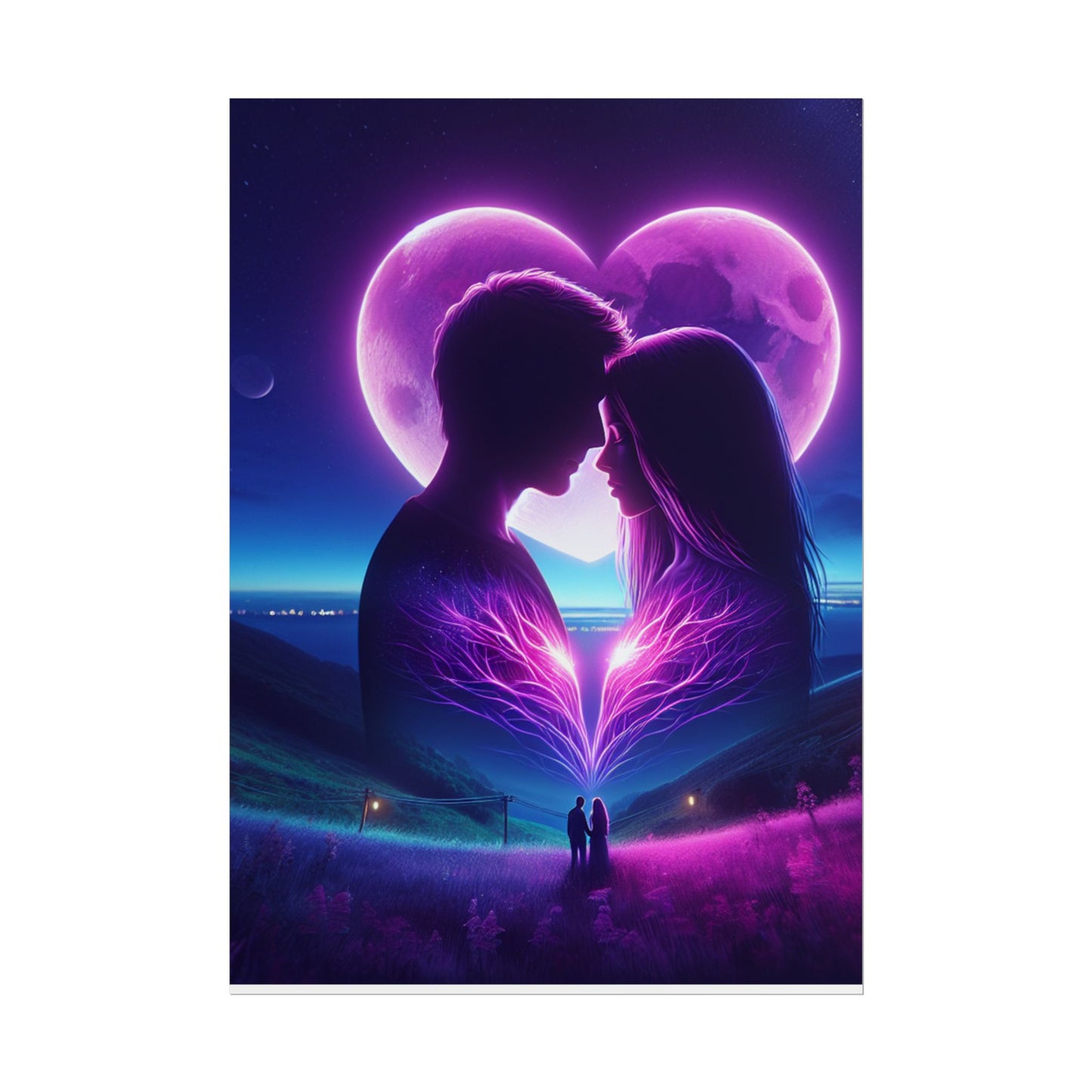 Poster Print, Couple Love Foreheads Touch Purple Background Eye Catching Beautiful Art Print, Wall Art Decor, Home Decor, Gift for Couples,