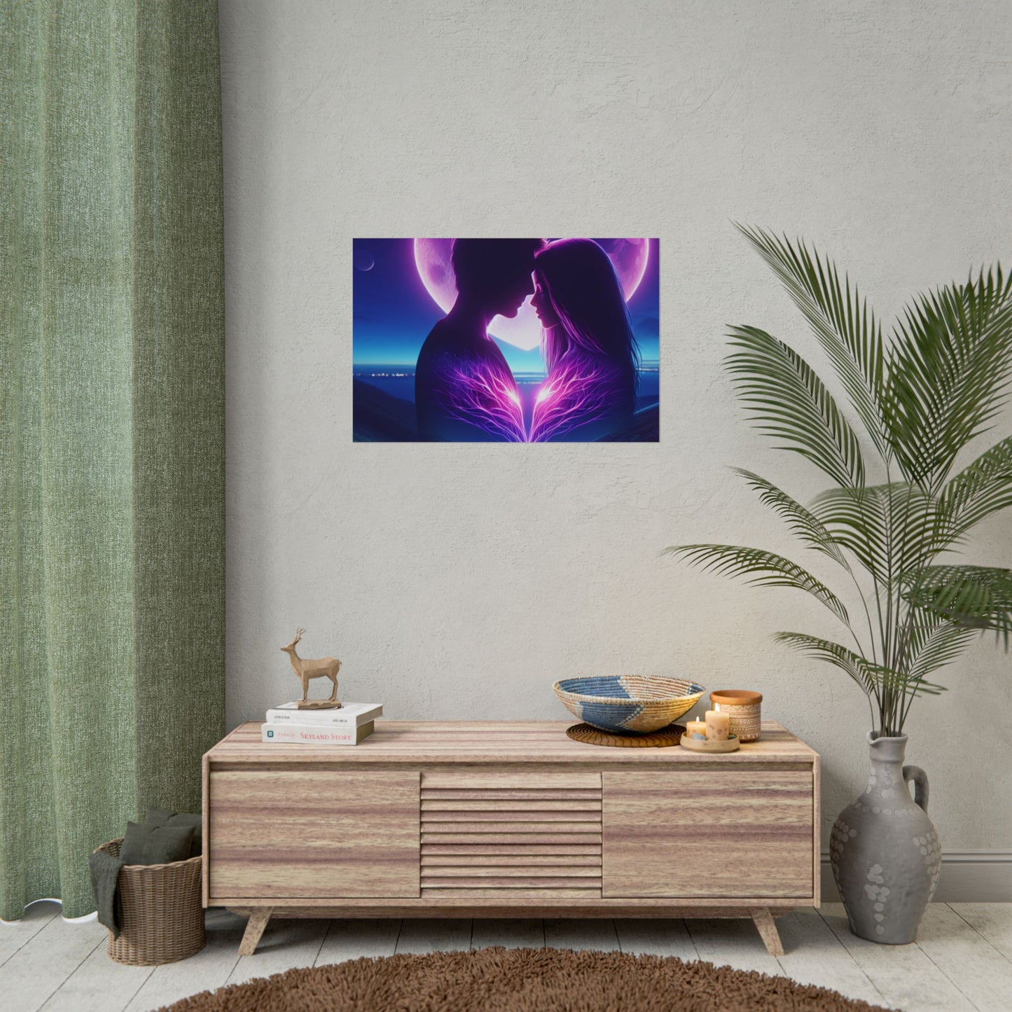Poster Print, Couple Love Foreheads Touch Purple Background Eye Catching Beautiful Art Print, Wall Art Decor, Home Decor, Gift for Couples,