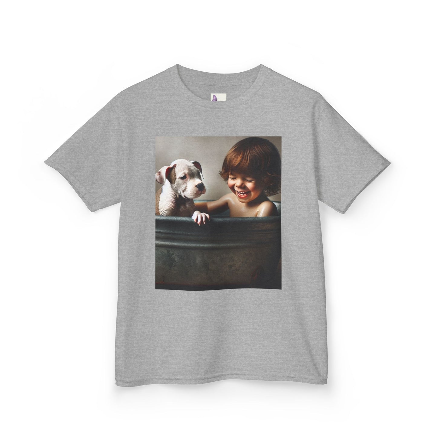 Kids T-Shirt with Cute Pit Bull Puppy and Boy Playing Design