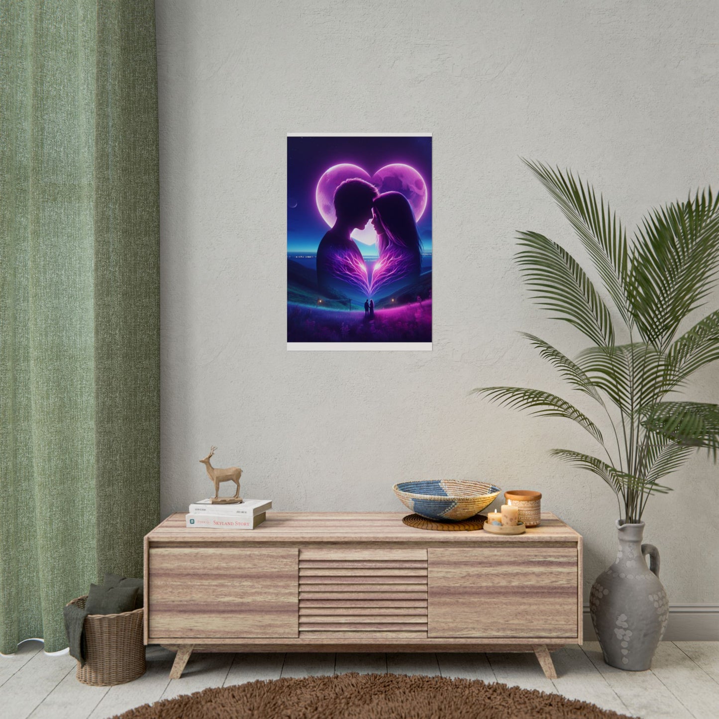 Poster Print, Couple Love Foreheads Touch Purple Background Eye Catching Beautiful Art Print, Wall Art Decor, Home Decor, Gift for Couples,