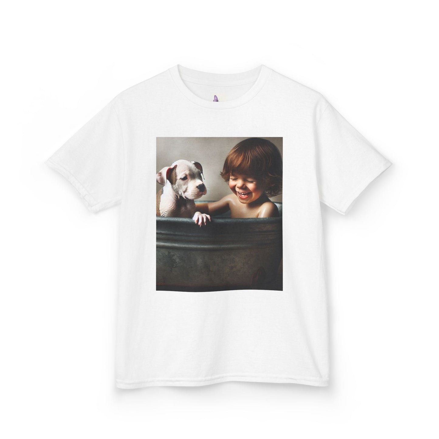 Kids T-Shirt with Cute Pit Bull Puppy and Boy Playing Design
