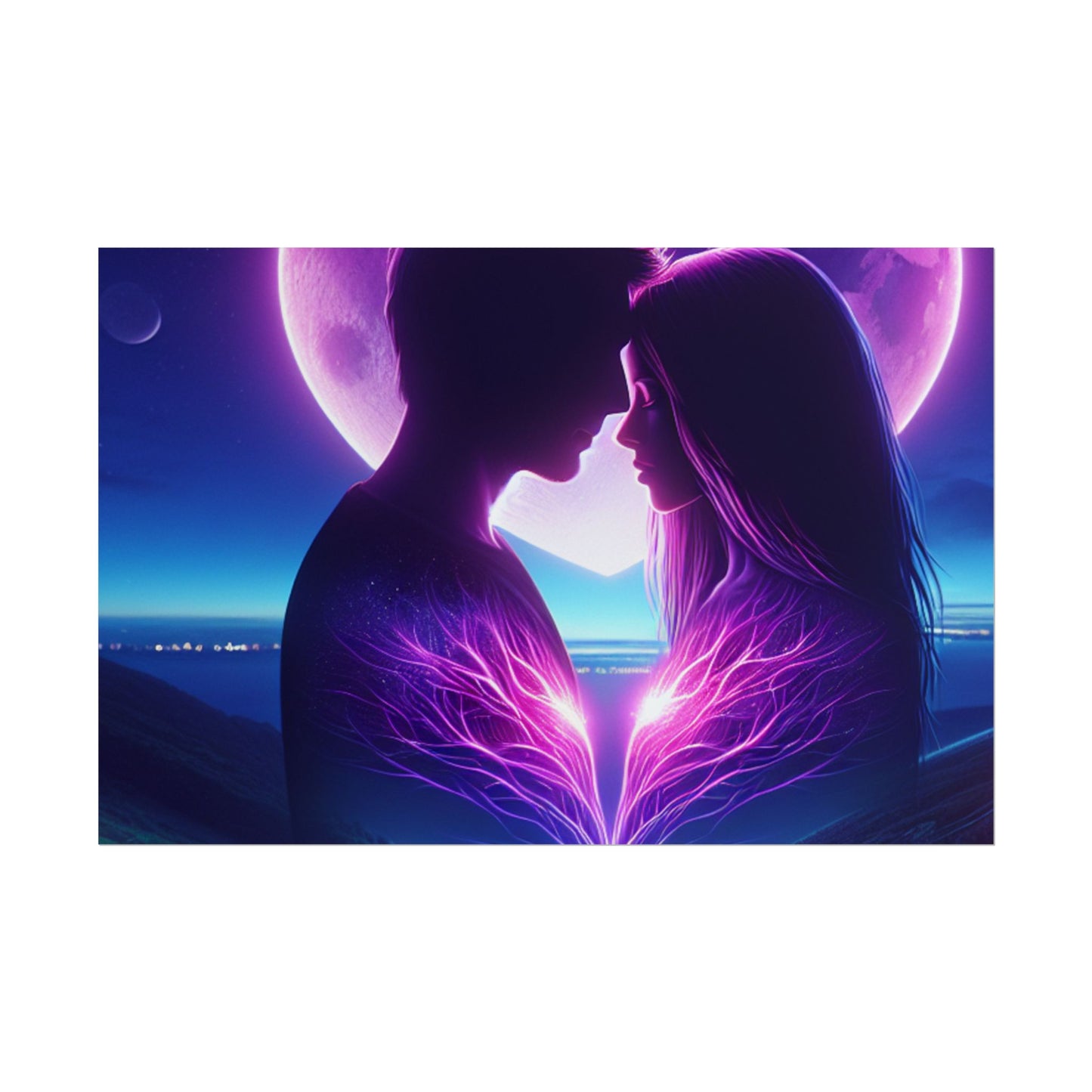Poster Print, Couple Love Foreheads Touch Purple Background Eye Catching Beautiful Art Print, Wall Art Decor, Home Decor, Gift for Couples,