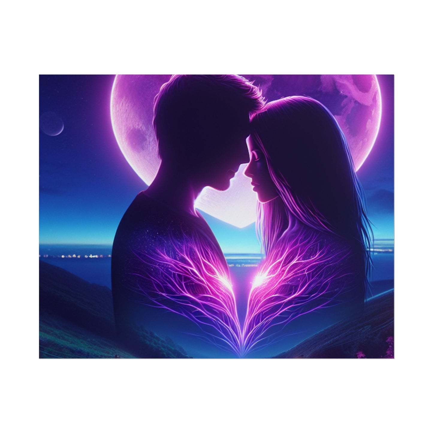 Poster Print, Couple Love Foreheads Touch Purple Background Eye Catching Beautiful Art Print, Wall Art Decor, Home Decor, Gift for Couples,