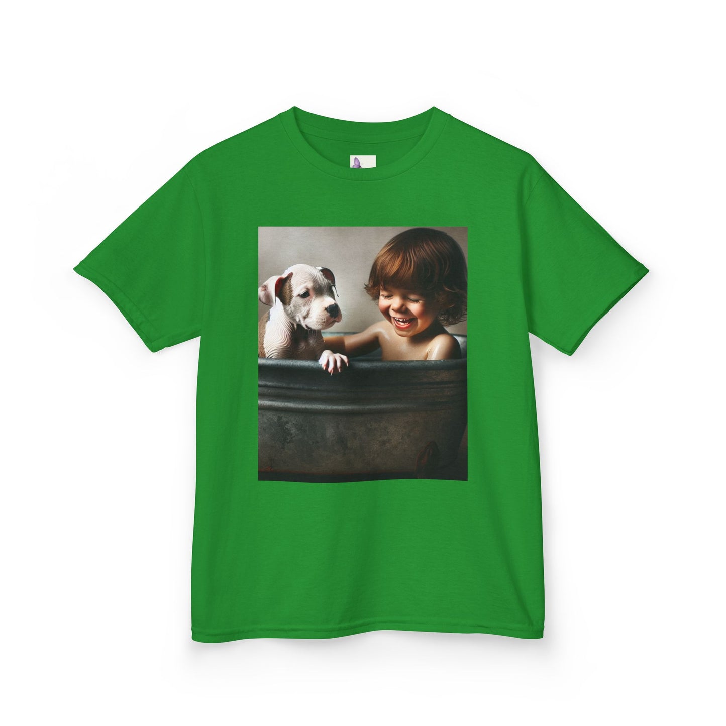 Kids T-Shirt with Cute Pit Bull Puppy and Boy Playing Design