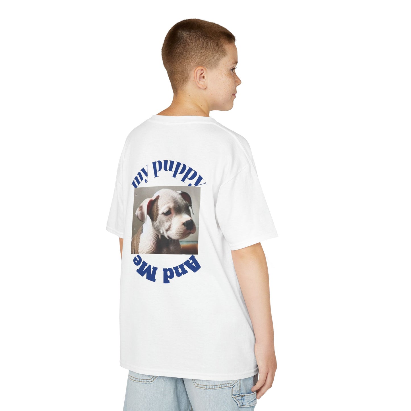 Kids T-Shirt with Cute Pit Bull Puppy and Boy Playing Design