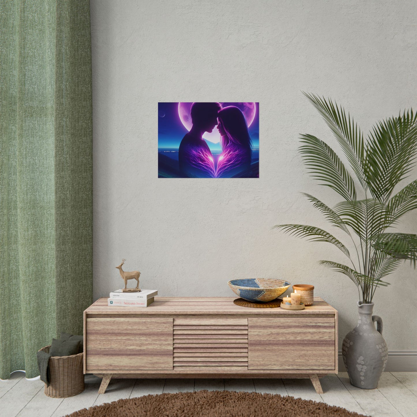 Poster Print, Couple Love Foreheads Touch Purple Background Eye Catching Beautiful Art Print, Wall Art Decor, Home Decor, Gift for Couples,