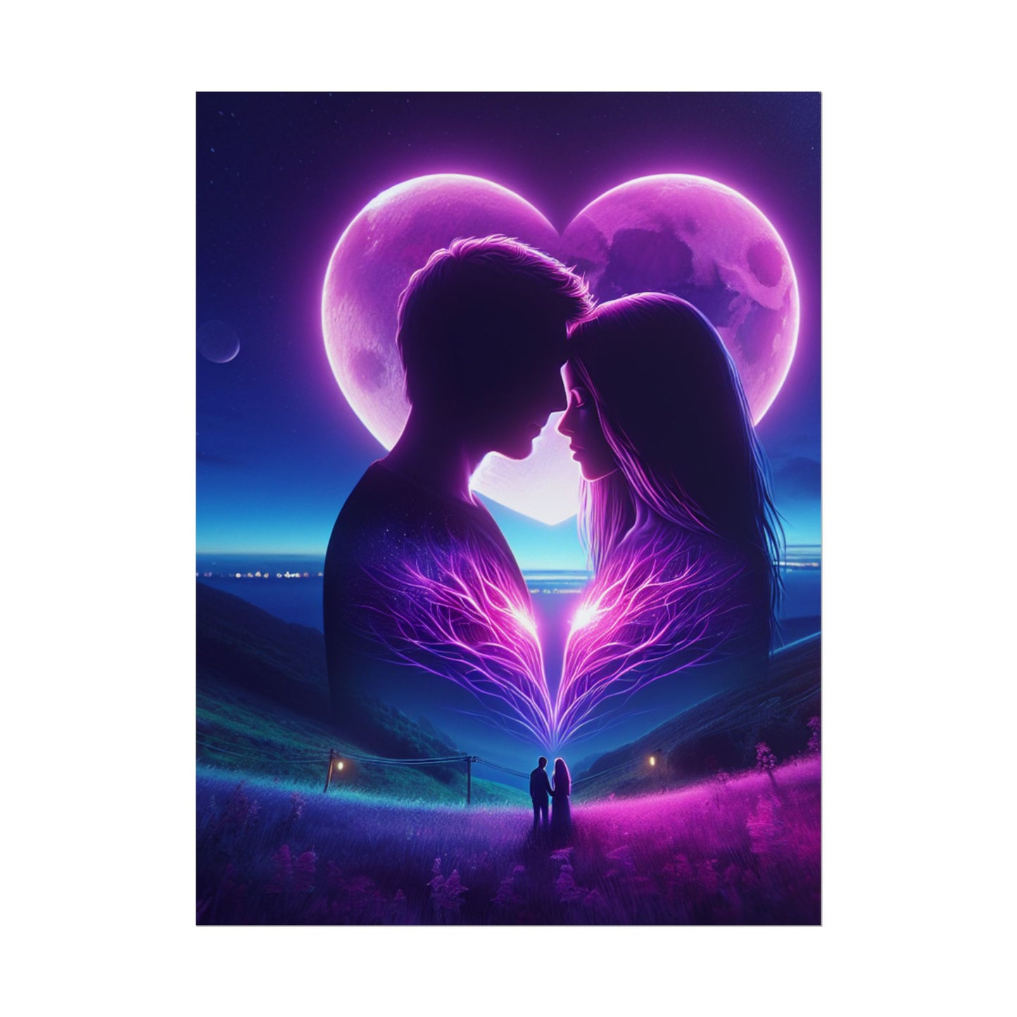 Poster Print, Couple Love Foreheads Touch Purple Background Eye Catching Beautiful Art Print, Wall Art Decor, Home Decor, Gift for Couples,