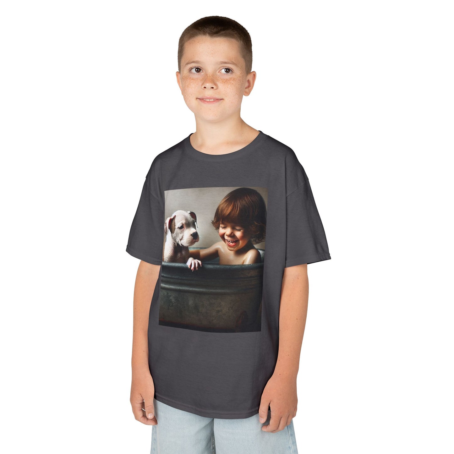 Kids T-Shirt with Cute Pit Bull Puppy and Boy Playing Design