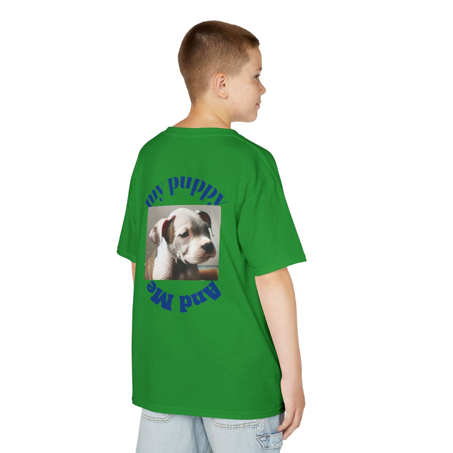 Kids T-Shirt with Cute Pit Bull Puppy and Boy Playing Design