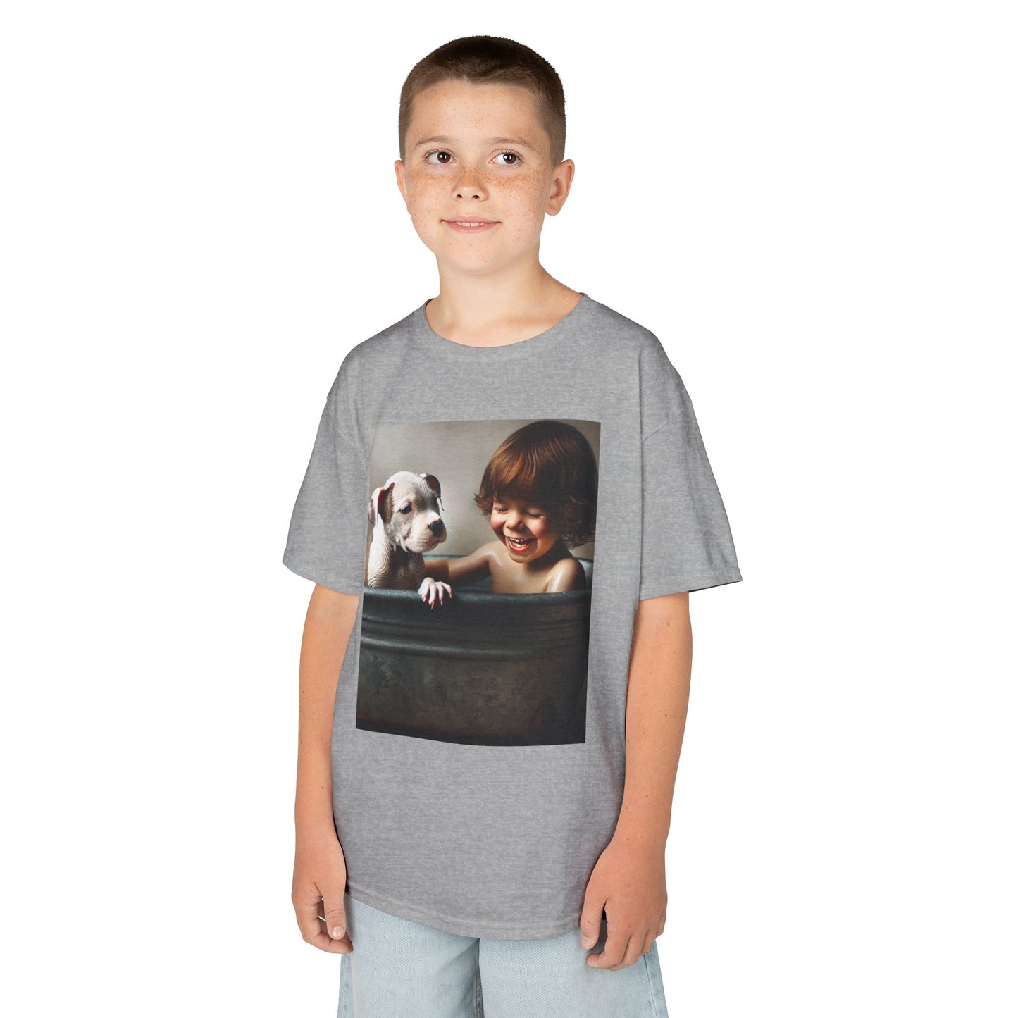 Kids T-Shirt with Cute Pit Bull Puppy and Boy Playing Design