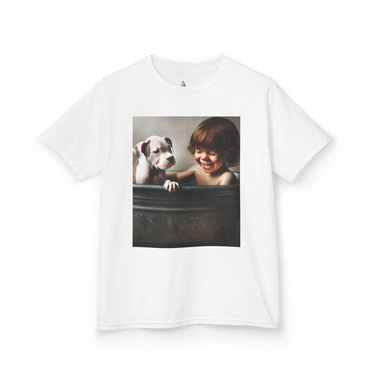 Kids T-Shirt with Cute Pit Bull Puppy and Boy Playing Design